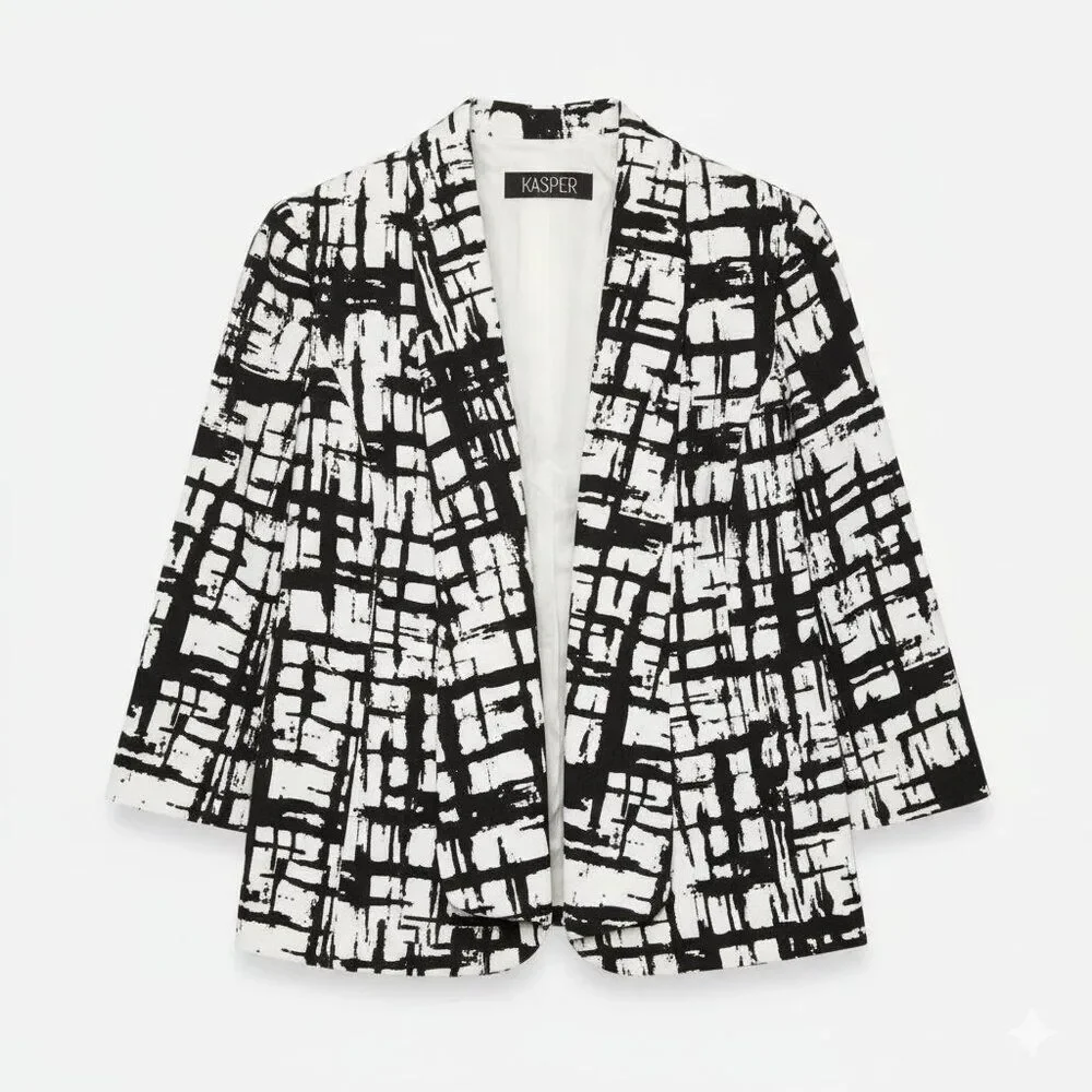 Kasper Monochrome Grid Pattern Blazer - Black & White Geometric - Size 10 - Picture 1 of 6